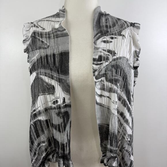 Alberto Makali Black White Sweater Open Front Vest Small Ruffle Knit Lightweight - Picture 2 of 13